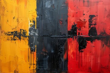Poster - This abstract artwork features a dramatic clash of yellow, black, and red with textured strokes