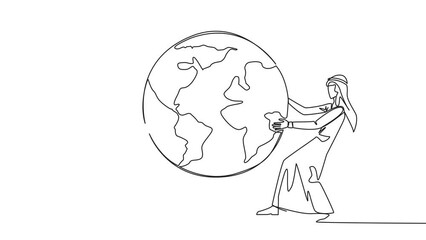 Poster - Self drawing animation of single continuous line drawing two strong Arabian businessman fighting over globe. Fighting over the area that will be the target of sales expansion. Full length animated