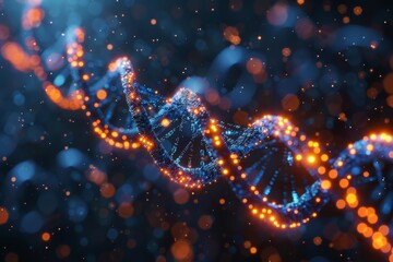 Poster - A striking digital illustration of a glowing DNA double helix with particles suggesting biotechnology and scientific research
