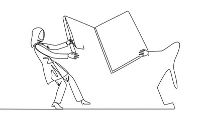 Aufkleber - animation of one line drawing two emotional arabian businesswoman fighting over laptop. fighting for