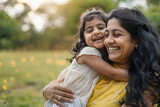 Fototapeta Abstrakcje - Happy indian mother having fun with her daughter outdoor - Family people and love concept - Focus on mum face