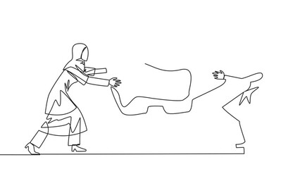 Poster - animated self drawing of continuous line drawing two selfish arabian businesswoman fighting over pig