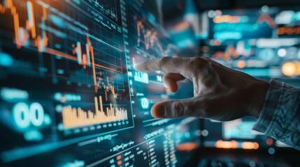 Businessman touching a digital screen with financial data and a graph of the stock market at an office, in a close up view, detailed photo.