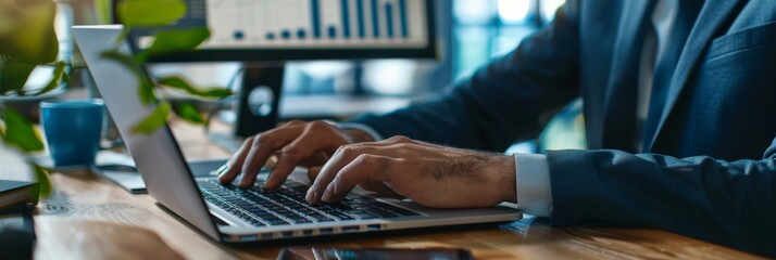 Businessman typing on laptop in office, close up of hands and computer screen with copy space for text