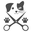 Cute dog and cat with scissor and paws on a white background.