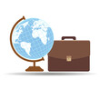 Illustration of a brown briefcase and a globe on a white background.