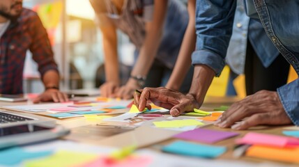 Wall Mural - Close up of a diverse group of people working together at a table with sticky notes and papers, stock photo for a business concept.