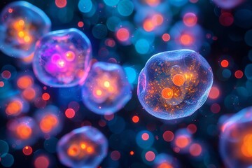 Poster - The image shows a serene, dreamy visual of floating spherical shapes with a glowing core, against a dark blue bokeh background