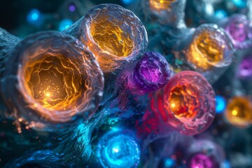 Poster - This highly detailed image depicts vibrant multi-colored structures that resemble microscopic cells or particles in a dynamic composition