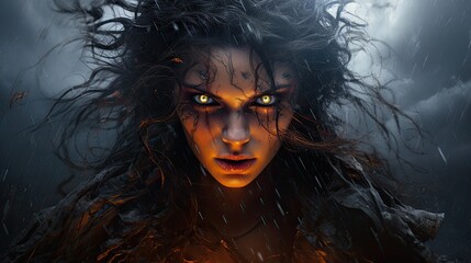 Wall Mural - Intense fantasy portrait of a mysterious woman with glowing eyes