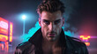 © karolina - portrait of a man, neon, lights, dramatic, background, fashion