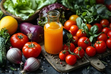 Wall Mural - Glass bottle of homemade tomato juice surrounded by a variety of fresh vegetables on a rustic kitchen board