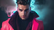 © karolina - portrait of a man, neon, lights, dramatic, background, fashion