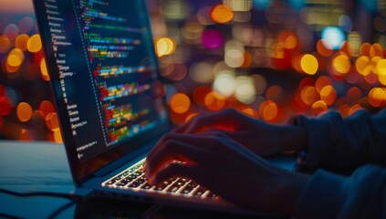 Closeup of hands typing on laptop keyboard, coding and web development concept.