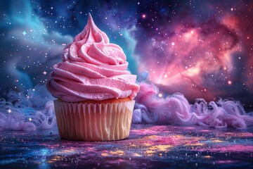 Vibrant galaxy-themed cupcakes with swirling purple frosting amidst cosmic nebulae and stars