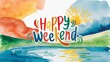 © Наталья Мокрецова - A watercolor illustration titled 'Happy Weekend.' The artwork portrays an abstract landscape with warm and cool colors. The vibrant palette is reminiscent of a sunrise or sunset.
