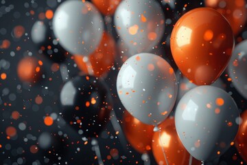 Poster - A festive image of gray and orange balloons floating with sparkling confetti around them