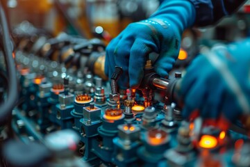 Poster - The detailed perspective shows a worker calibrating machinery on a vibrant and complex assembly line
