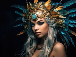 Sticker - Mystical feathered headdress portrait