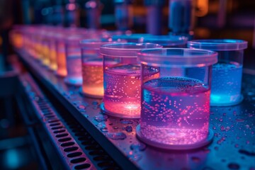 Poster - Beakers filled with luminescent liquid under ultraviolet light, simulating molecular research in science