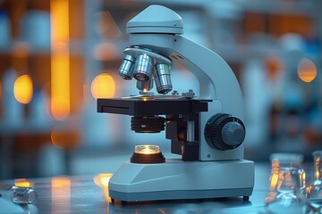 Poster - High-end microscope illuminated with a blue light in a scientific research setting