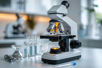 Poster - Detailed image of a cutting-edge microscope in a laboratory setting, focused on scientific investigation