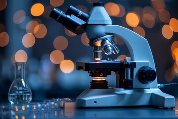 Poster - An optical microscope set against a blurred background of lights, emphasizing focus and research