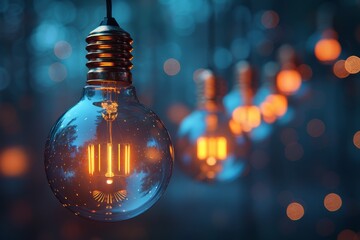 Poster - A close-up image of a lit lightbulb showcasing its intricate filament design with a bokeh effect creating an enchanting atmosphere