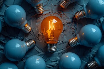 Poster - An illuminated light bulb stands out prominently against a cool-toned background with a collection of bulbs, emphasizing innovation and enlightenment