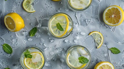 Wall Mural - Lemon water with lemon slices and mint leaves on a grey background, shown from above.