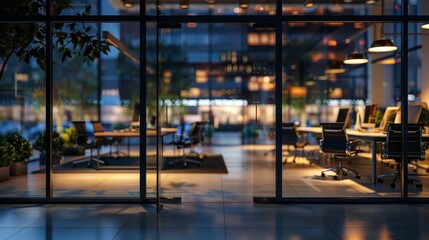 Modern office interior with glass walls and panoramic windows, high-tech design, desks and computers for work, blurred background of an outdoor city street in the evening.