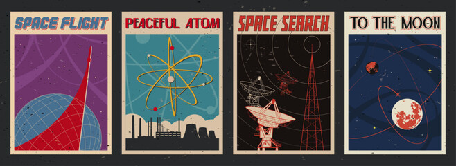Wall Mural - retro space posters style ilustration set. space flights, rockets, telescopes, atom, nuclear power p