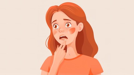 An illustration of a young girl with red hair and a worried expression on her face. She is wearing a peach-colored shirt and has her hand on her chin.