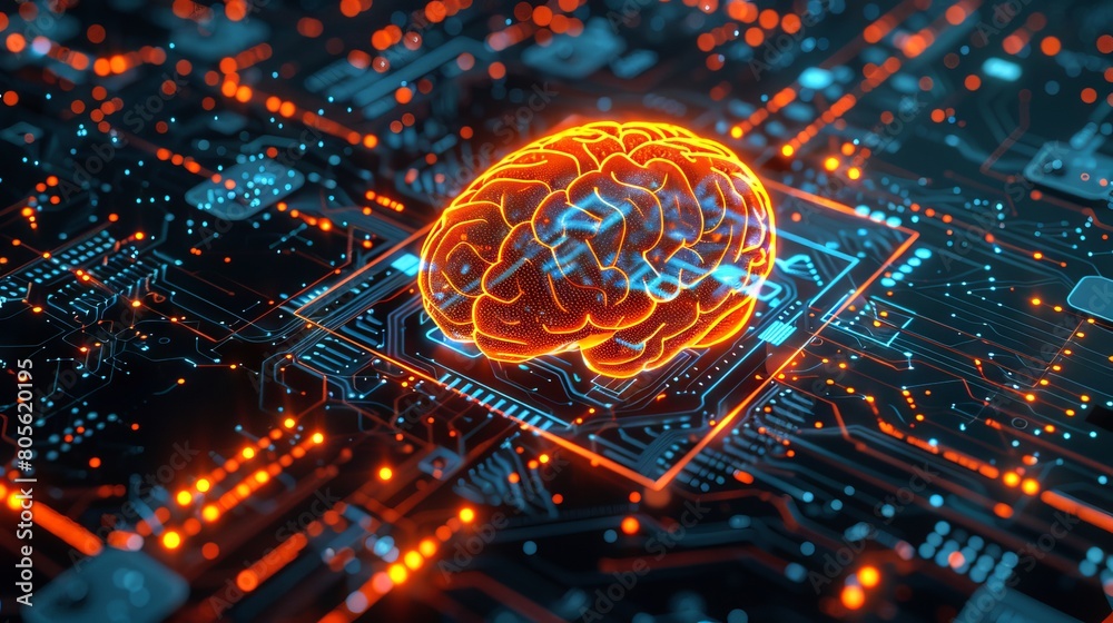 Illuminated neon brain on a circuit board backdrop. Glowing brain ...