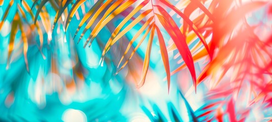 Bright summer tropical background with colorful palm leaves and bokeh effect. Trendy botanical wallpaper with soft colors. Festive mood. Summer vibes. Wide banner. Copy space. Mockup for design