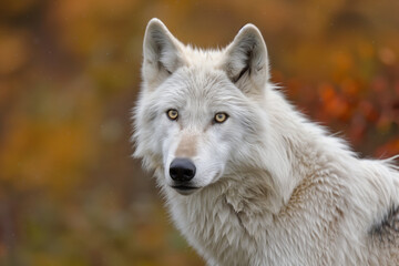 Wall Mural - Portrait of an arctic wolf, with white fur and hints of gray, piercing eyes, set against autumn foliage