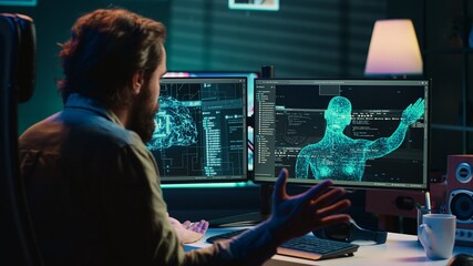 Poster - Self aware AI gaining humanoid form inside cyberspace, waving hand, saluting shocked developer. Artificial intelligence becoming sentient, greeting surprised IT admin, AI singularity concept, camera A