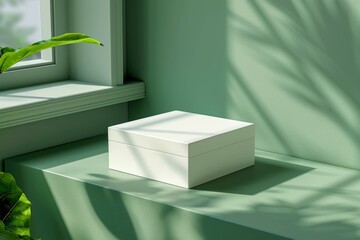 Sticker - A white box sits on a green surface, with a plant behind it