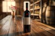 A bottle of red wine sits on a wooden table in a dimly lit room
