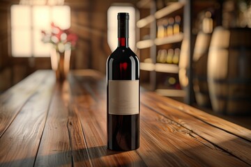 Canvas Print - A bottle of red wine sits on a wooden table in a dimly lit room