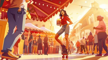 Comic scene of an overenthusiastic beer server on roller skates, spilling beer as they zoom past startled festival-goers, vibrant Oktoberfest tent in the background