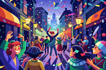 Poster - Illustration of a vibrant street celebration at night with joyful people dancing, cheering, and throwing confetti.