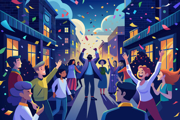 Poster - Illustration of a vibrant street celebration at night with joyful people dancing, cheering, and throwing confetti.