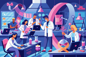 Poster - Animated illustration of a diverse group of scientists in a vibrant laboratory setting, with some conducting experiments, while others work on computers and discuss research findings