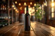 A bottle of red wine is sitting on a wooden table in a dimly lit room