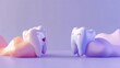 Two 3D rendered pearly white teeth characters, one with a big open smile and the other with a shy closed-lip smile, resting on a bed of pink bubble gum.
