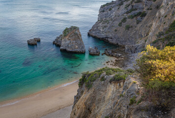 Sticker - Aerial view of Ribeira do Cavalo beach in Arrabida Natural Park near Sesimbra town, Portugal