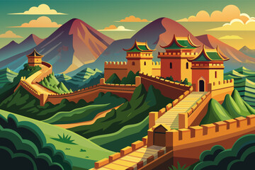Poster - Colorful illustration of a stylized Great Wall of China winding through a lush, green mountainous landscape with traditional pagoda-style towers and distant mountains.