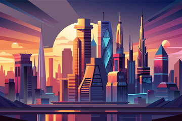 Fototapete - Stylized illustration of a futuristic cityscape at sunset with tall skyscrapers, lit-up buildings, a reflective water body in the foreground, and vibrant, colorful sky in the background.