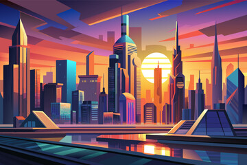 Aufkleber - Stylized illustration of a futuristic cityscape at sunset with tall skyscrapers, lit-up buildings, a reflective water body in the foreground, and vibrant, colorful sky in the background.
